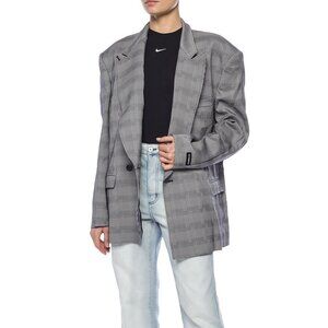 VETEMENTS Cross Button Blazer Jacket with Cut-out Detail Wool Grey Check